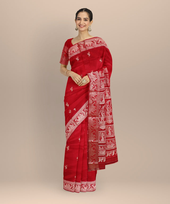 Red white baluchari silk handwoven saree
