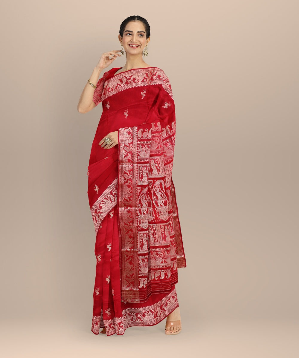 Red white baluchari silk handwoven saree