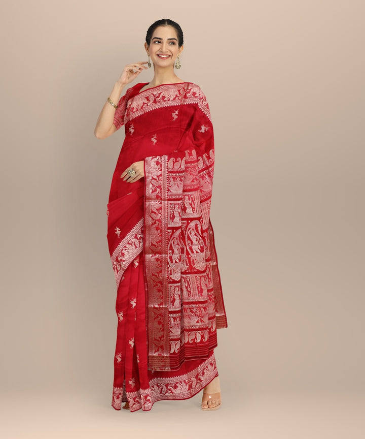 Red white baluchari silk handwoven saree