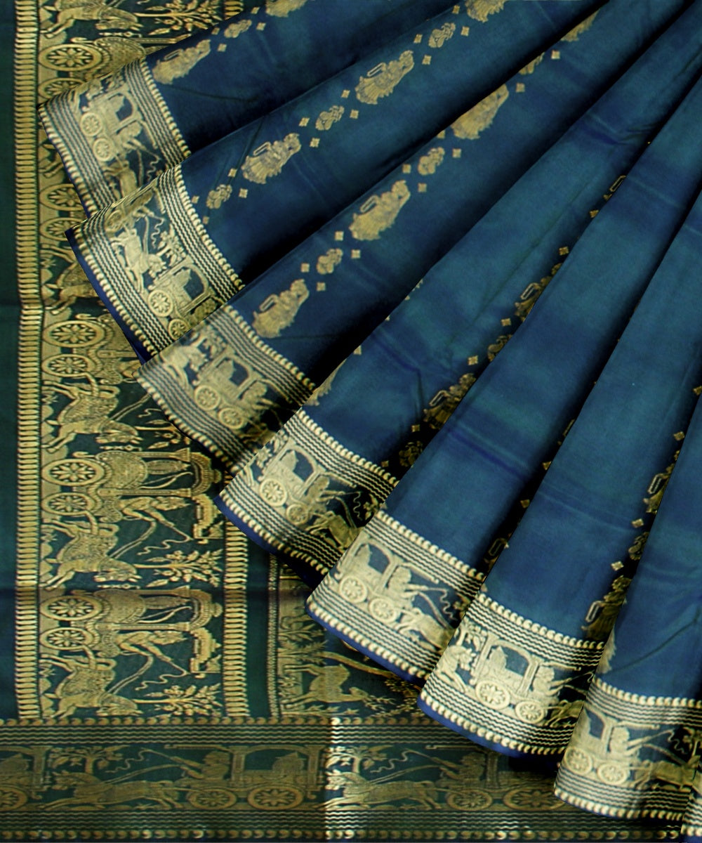 Peacock blue golden zari handwoven baluchari silk saree