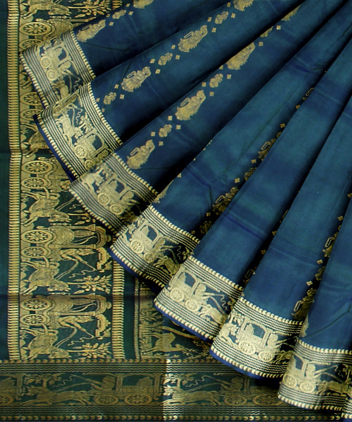 Peacock blue golden zari handwoven baluchari silk saree