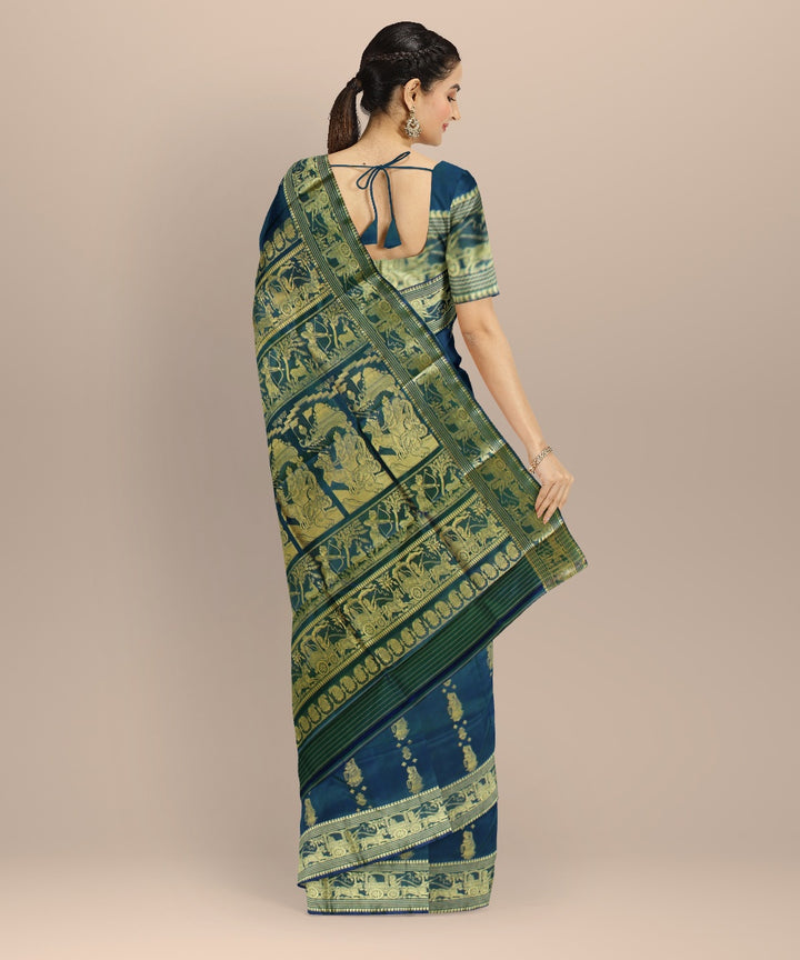Peacock blue golden zari handwoven baluchari silk saree