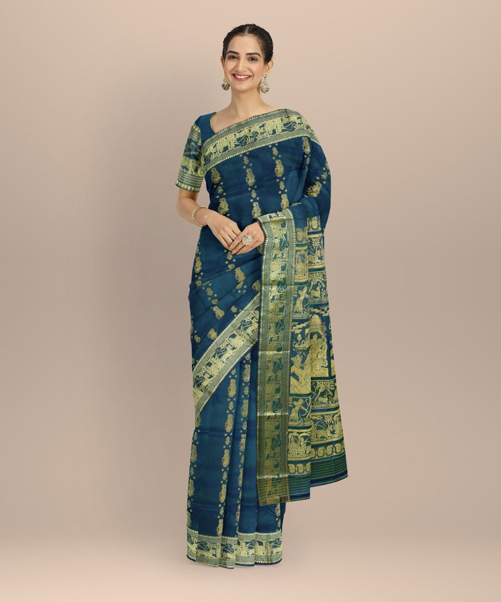 Peacock blue golden zari handwoven baluchari silk saree