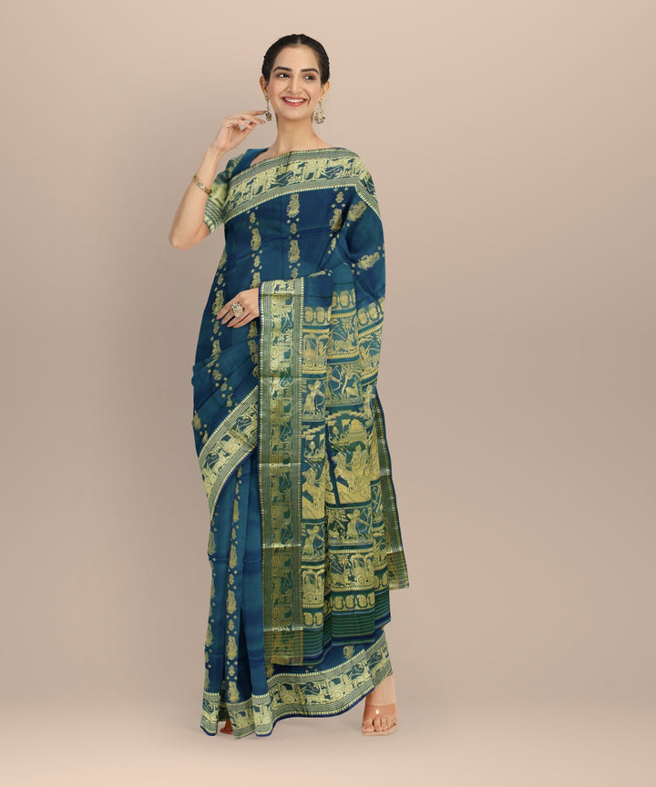 Peacock blue golden zari handwoven baluchari silk saree