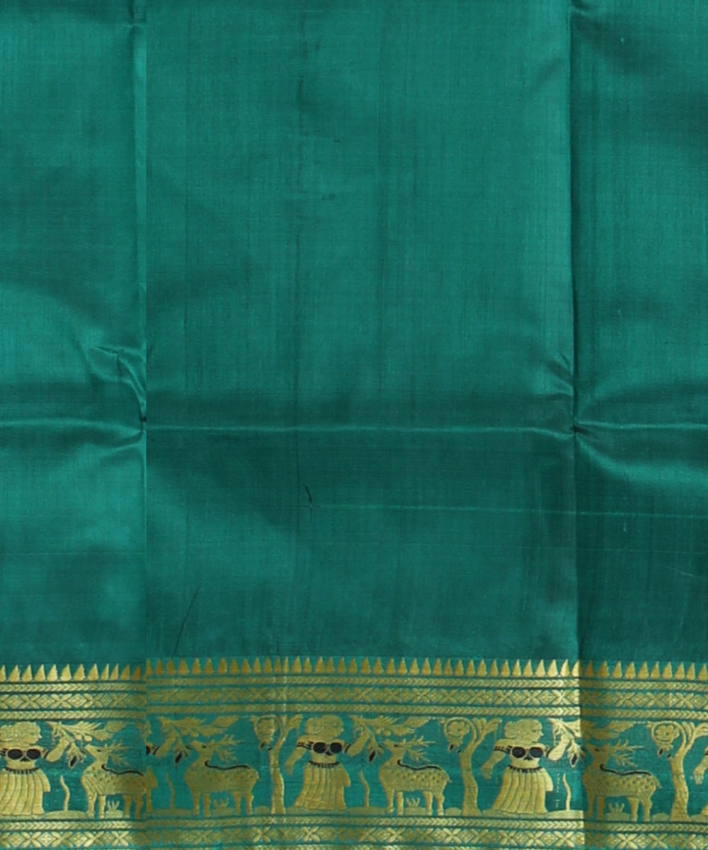 Cyan green golden zari handwoven meenakari baluchari silk saree