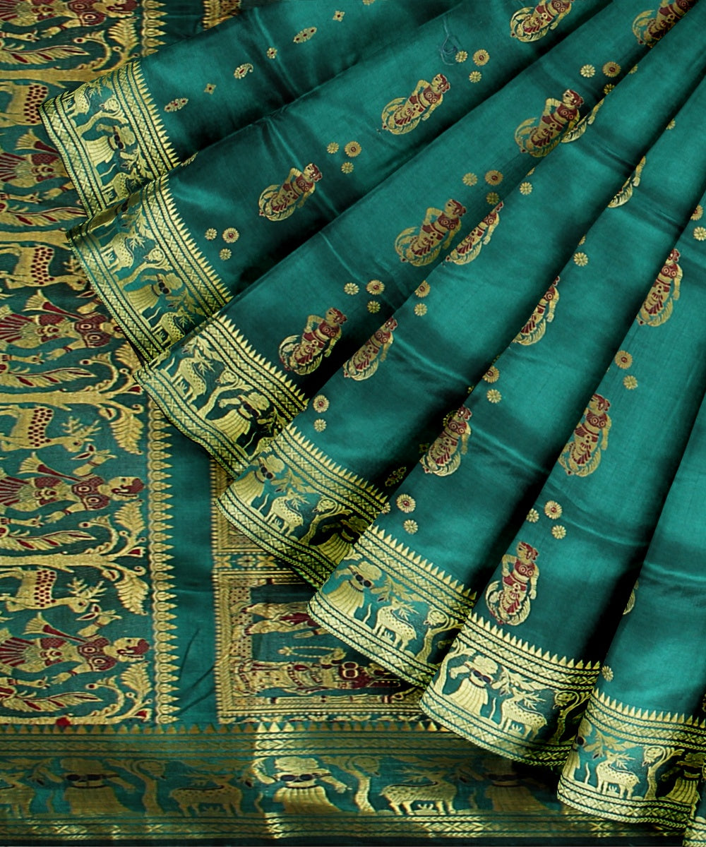 Cyan green golden zari handwoven meenakari baluchari silk saree