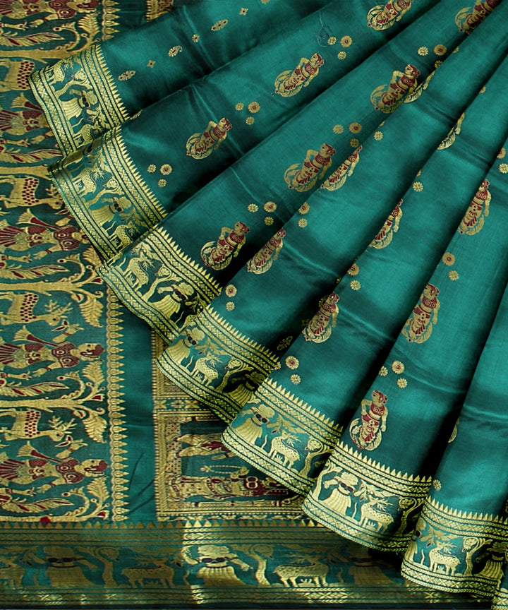 Cyan green golden zari handwoven meenakari baluchari silk saree