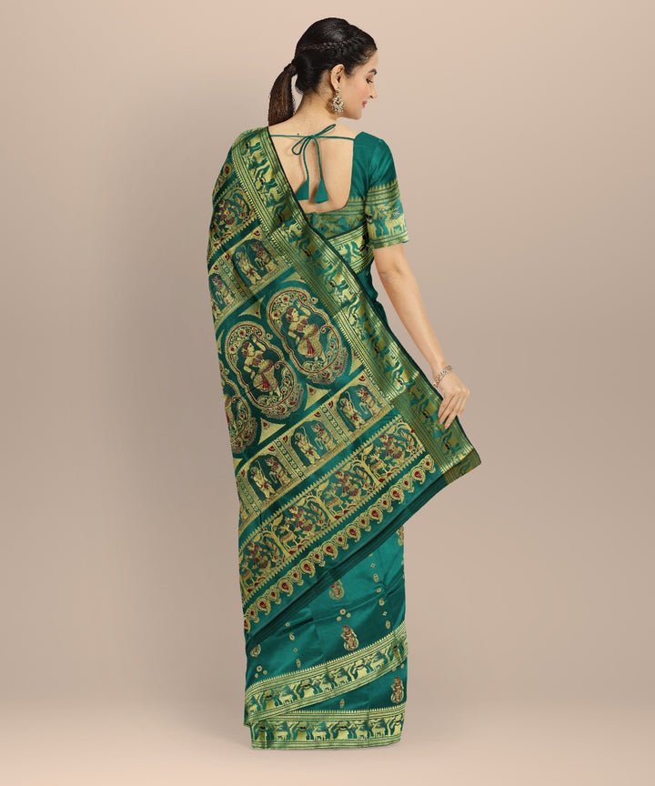 Cyan green golden zari handwoven meenakari baluchari silk saree