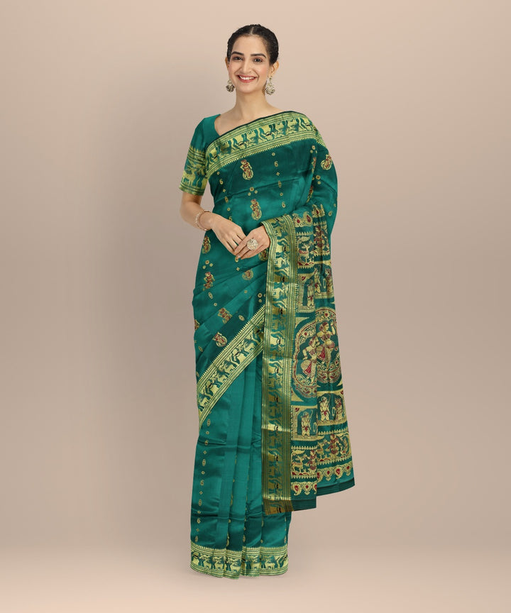 Cyan green golden zari handwoven meenakari baluchari silk saree
