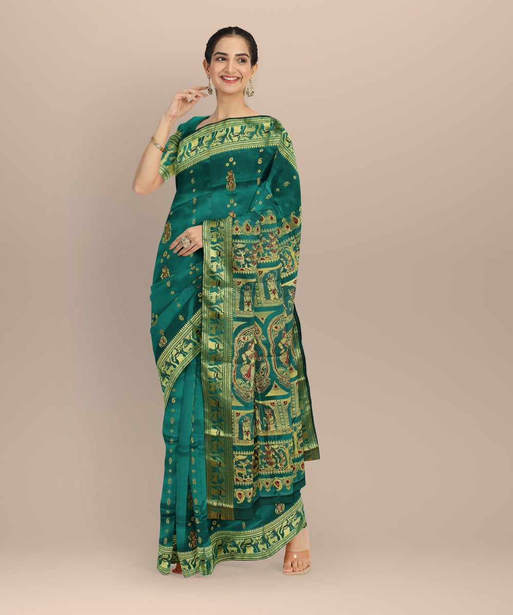 Cyan green golden zari handwoven meenakari baluchari silk saree