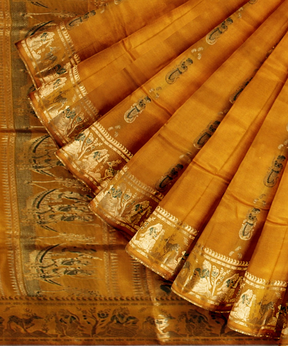 Mustard golden zari handwoven meenakari baluchari silk saree