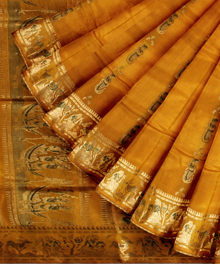 Mustard golden zari handwoven meenakari baluchari silk saree