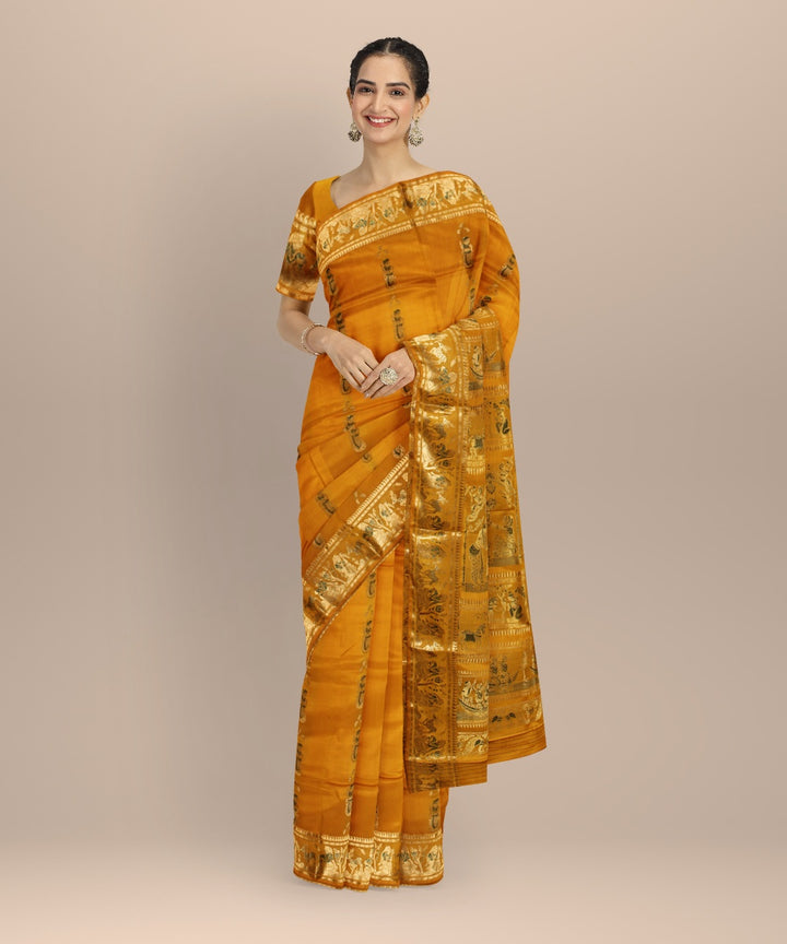 Mustard golden zari handwoven meenakari baluchari silk saree