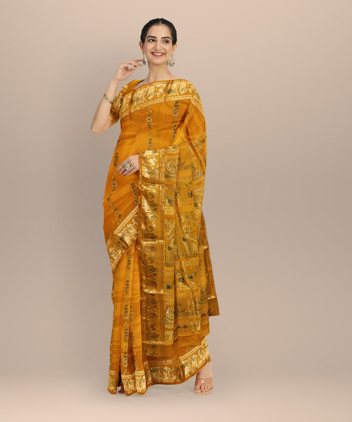 Mustard golden zari handwoven meenakari baluchari silk saree