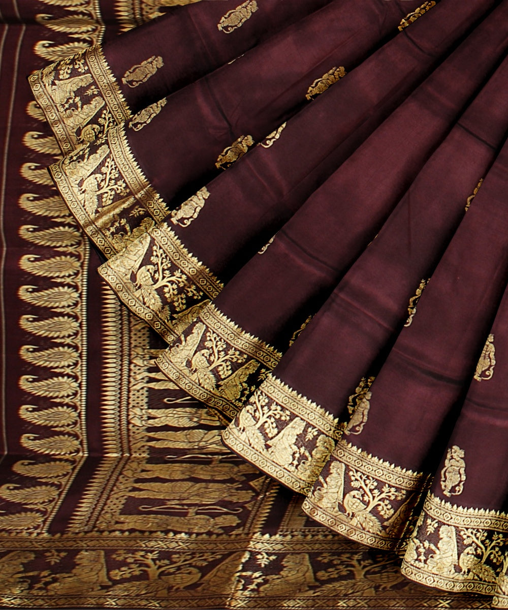 Wine purple golden zari handwoven baluchari silk saree