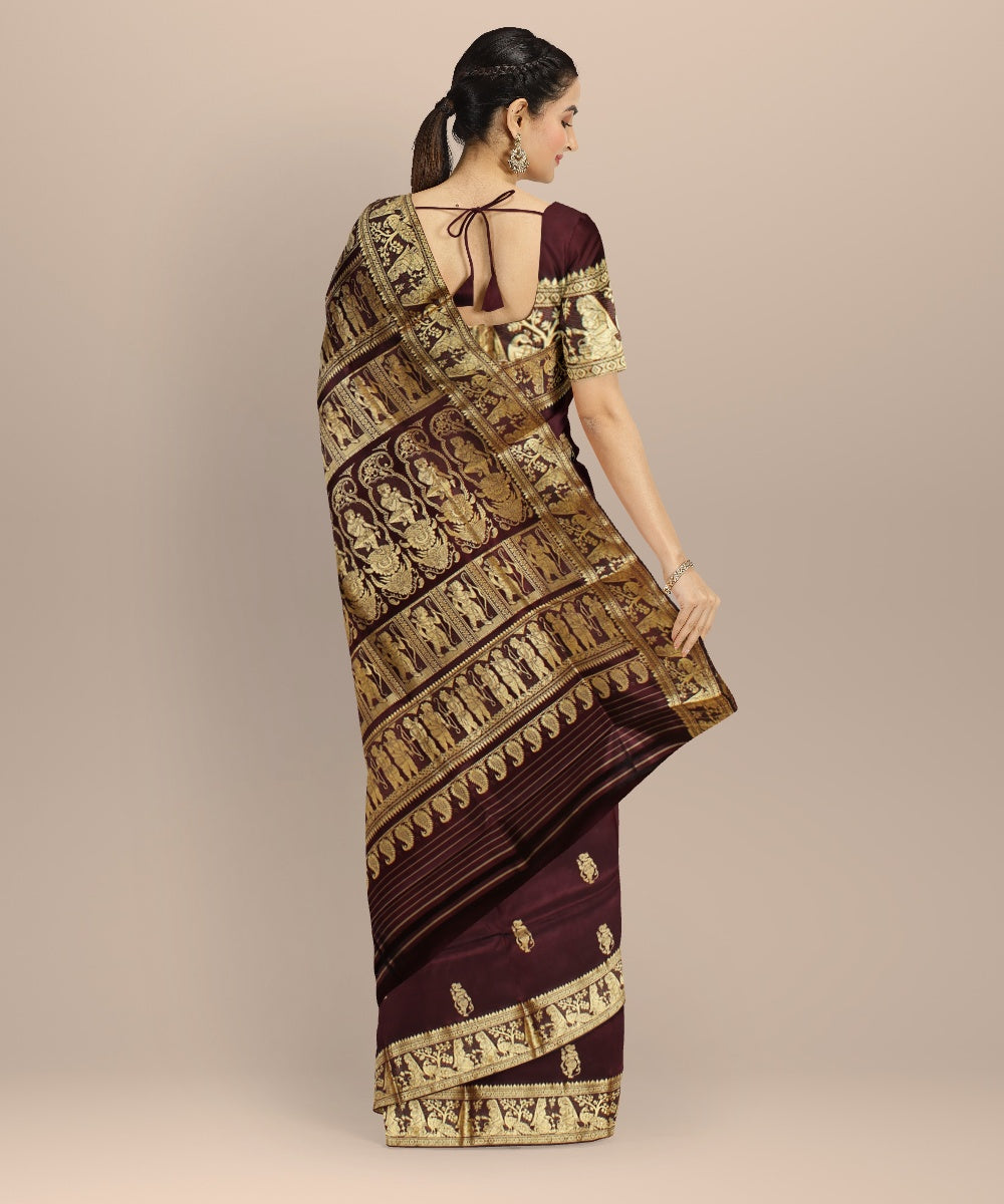 Wine purple golden zari handwoven baluchari silk saree