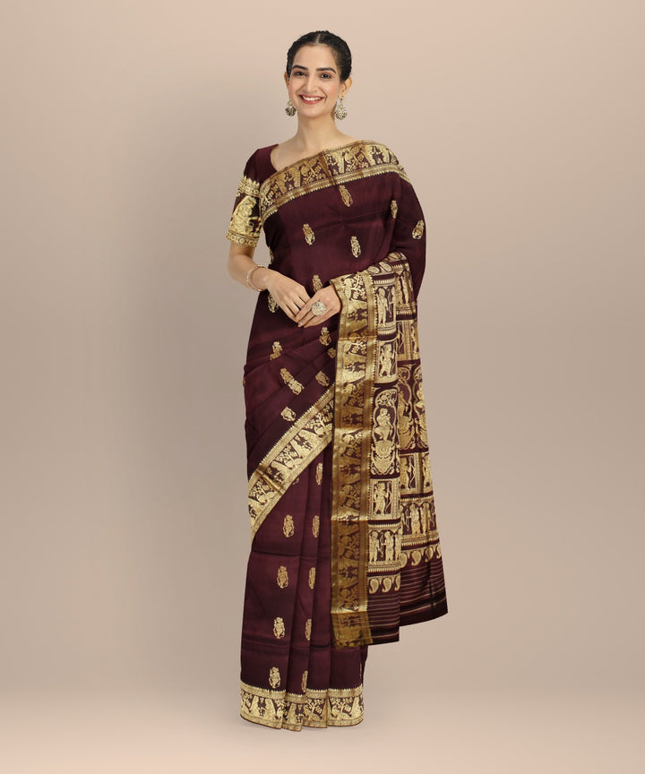 Wine purple golden zari handwoven baluchari silk saree
