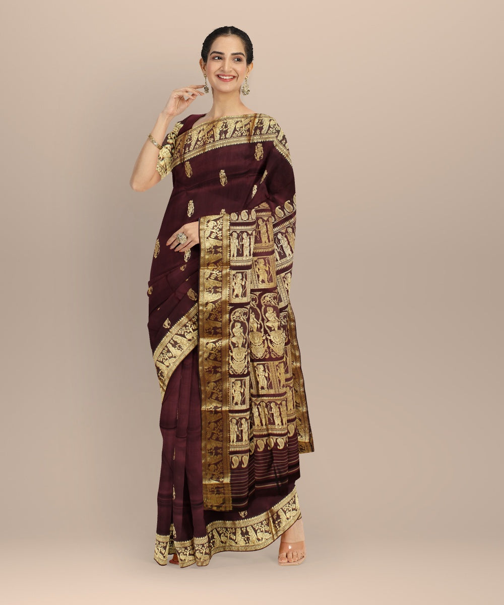 Wine purple golden zari handwoven baluchari silk saree
