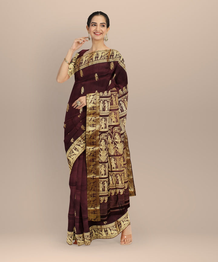 Wine purple golden zari handwoven baluchari silk saree