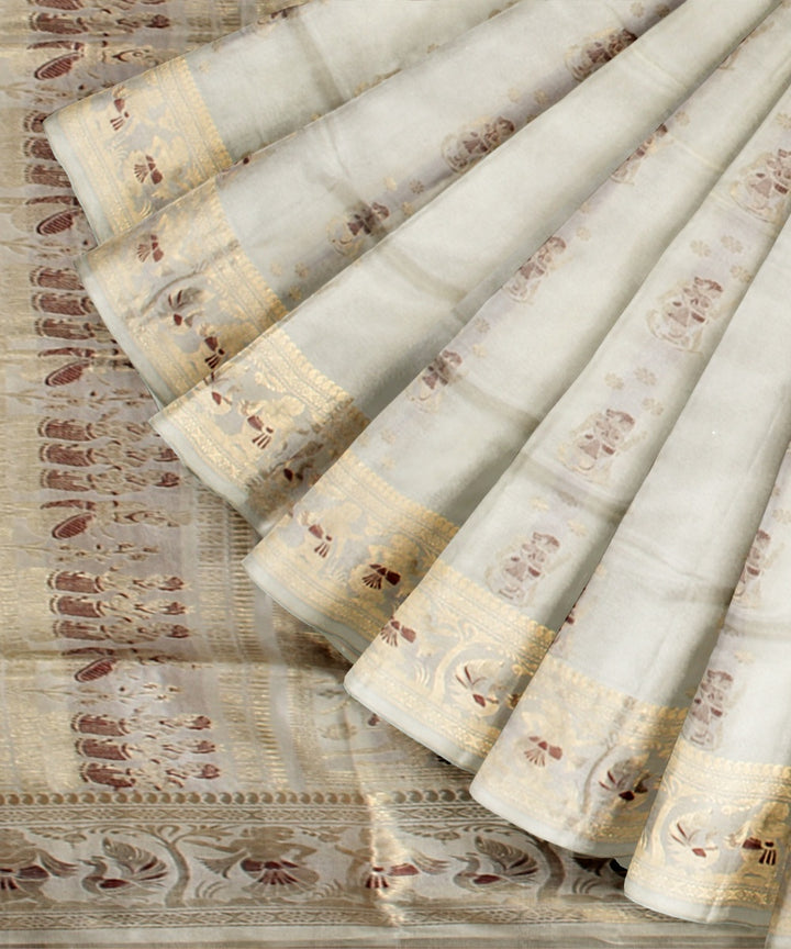 White golden handwoven meenakari baluchari silk saree