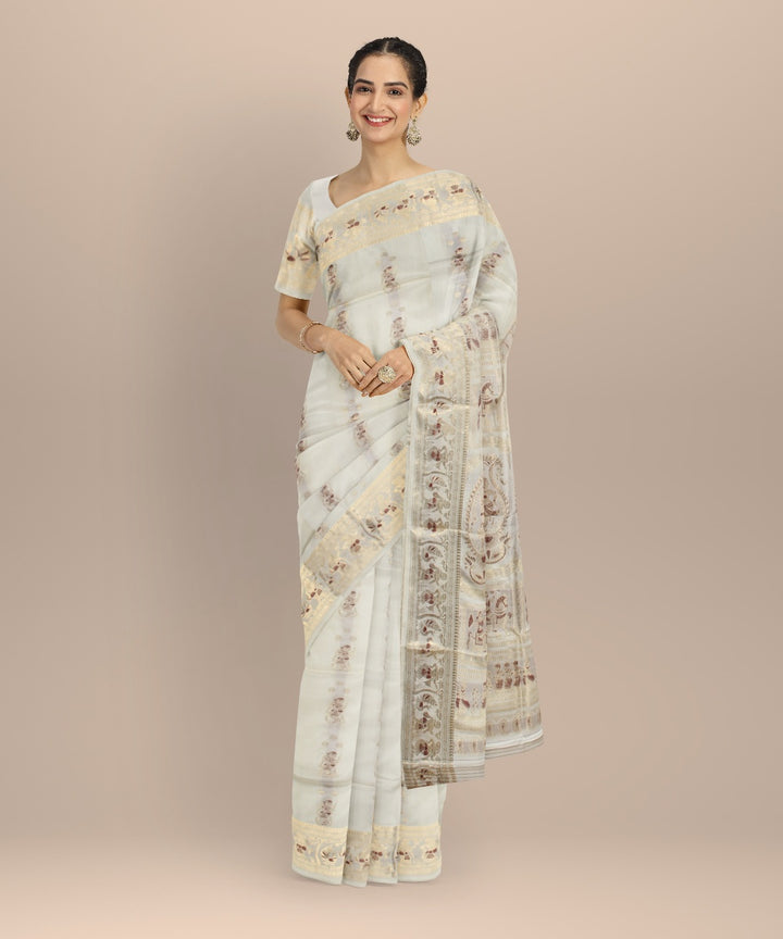 White golden handwoven meenakari baluchari silk saree