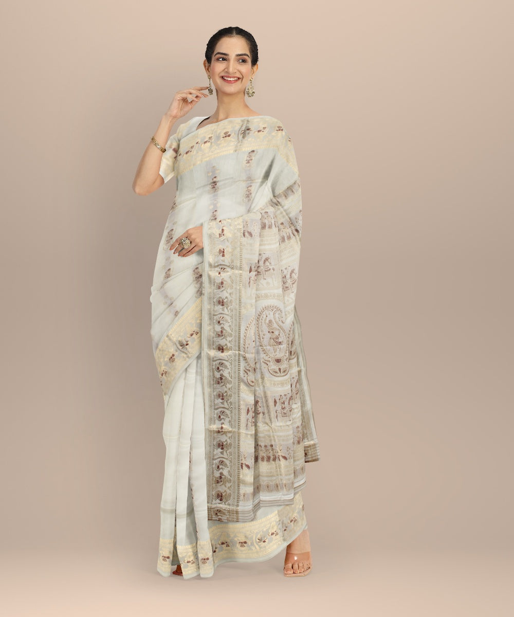 White golden handwoven meenakari baluchari silk saree