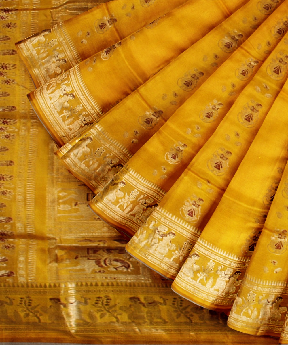 Yellow golden zari handwoven meenakari baluchari silk saree