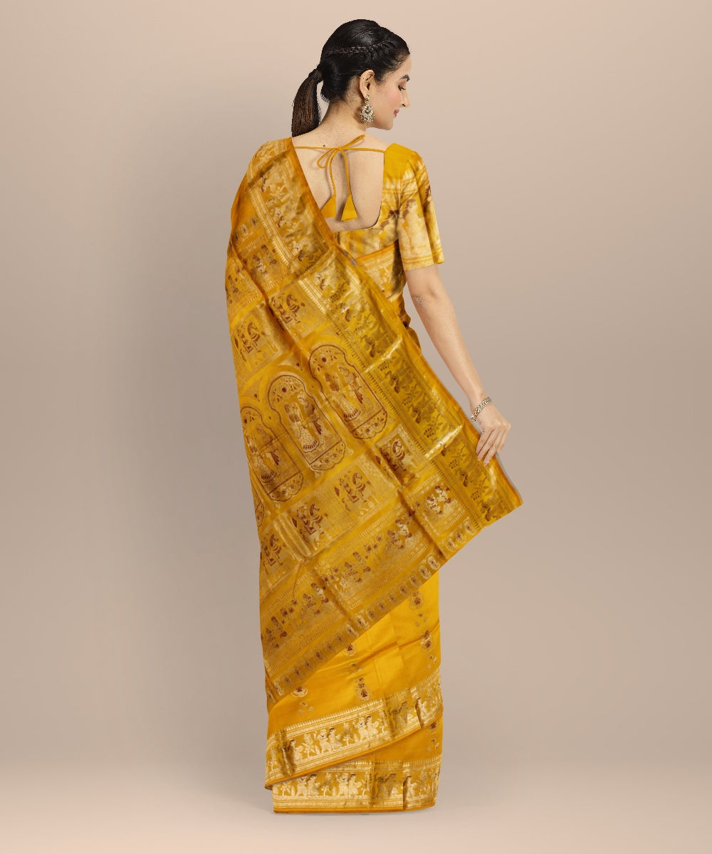 Yellow golden zari handwoven meenakari baluchari silk saree
