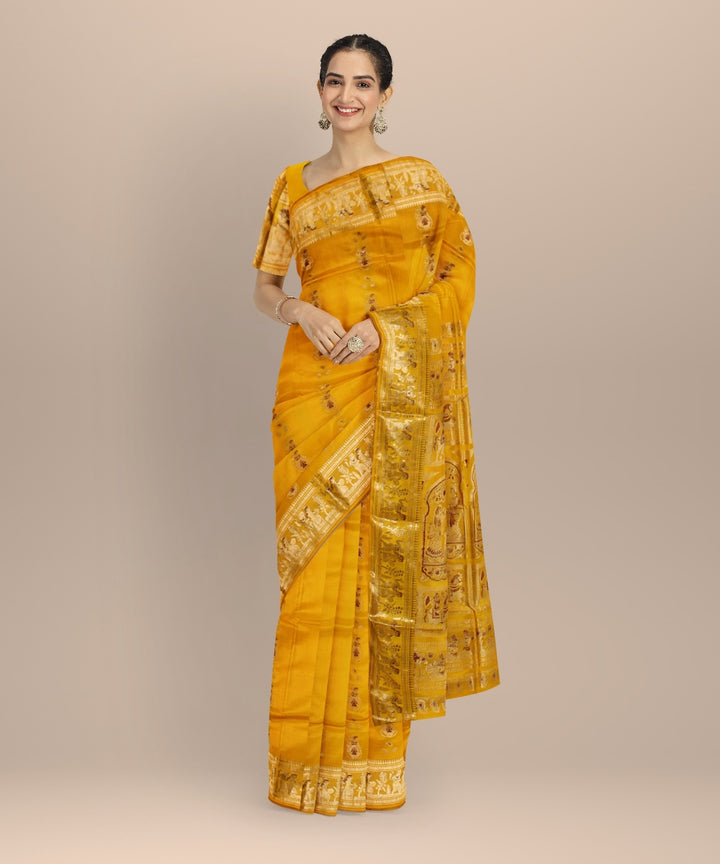 Yellow golden zari handwoven meenakari baluchari silk saree