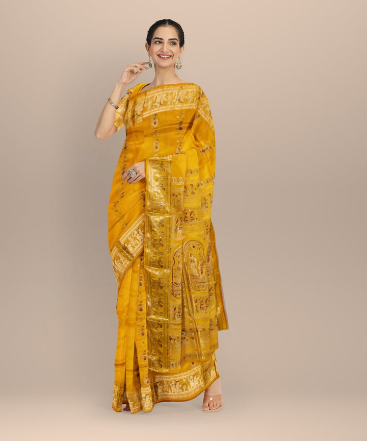 Yellow golden zari handwoven meenakari baluchari silk saree