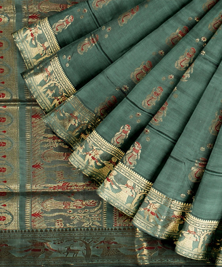 Cyan green golden zari meenakari handwoven baluchari silk saree