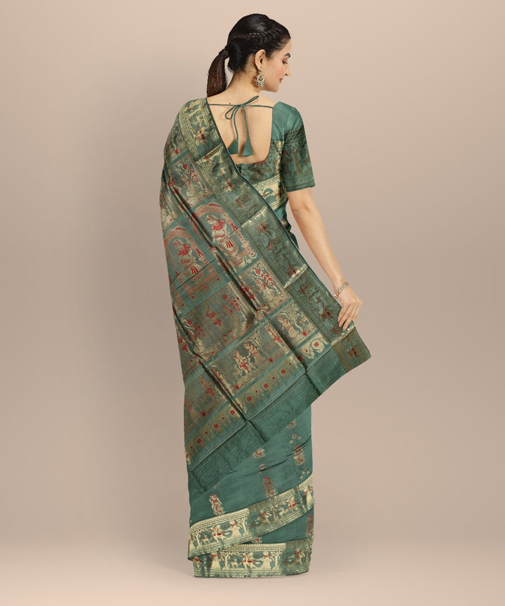 Cyan green golden zari meenakari handwoven baluchari silk saree