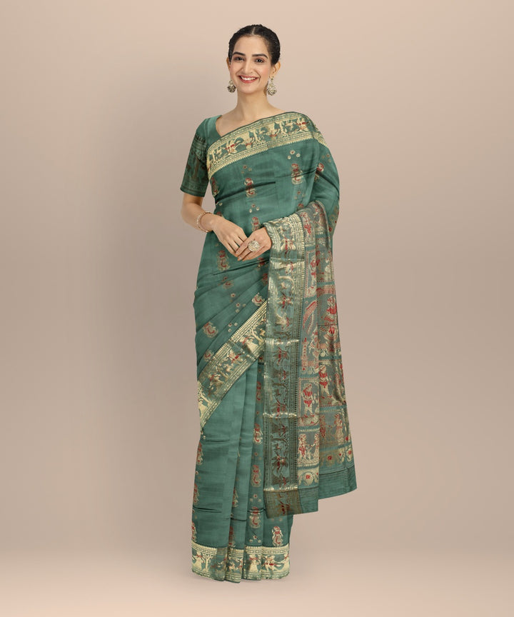 Cyan green golden zari meenakari handwoven baluchari silk saree