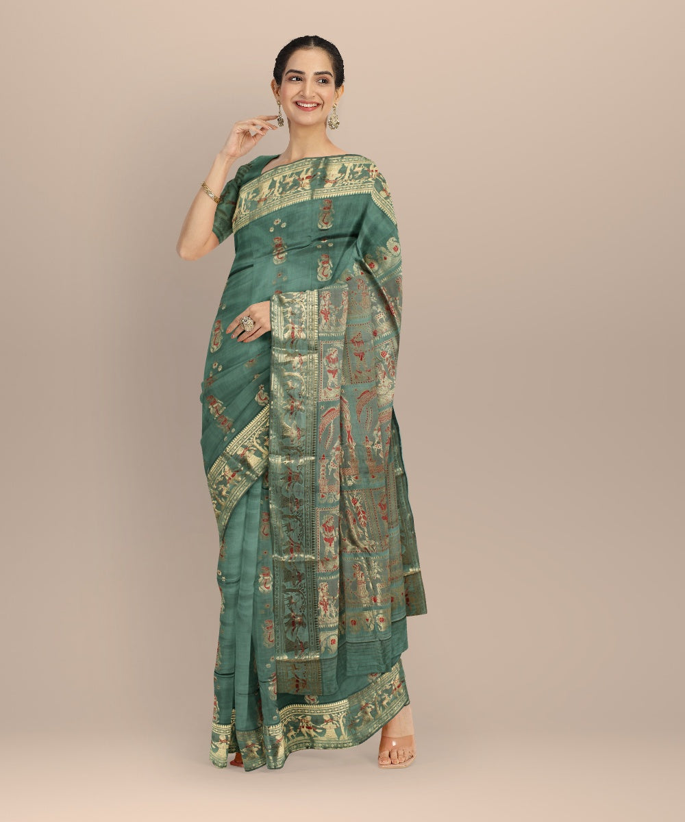 Cyan green golden zari meenakari handwoven baluchari silk saree