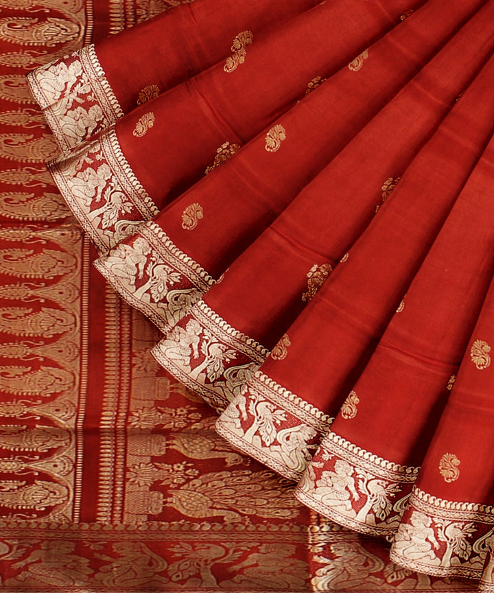 Red white handwoven baluchari silk saree
