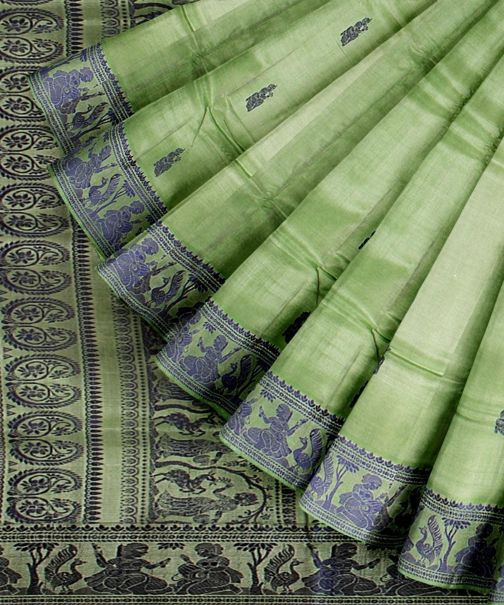 Light green blue handwoven baluchari silk saree