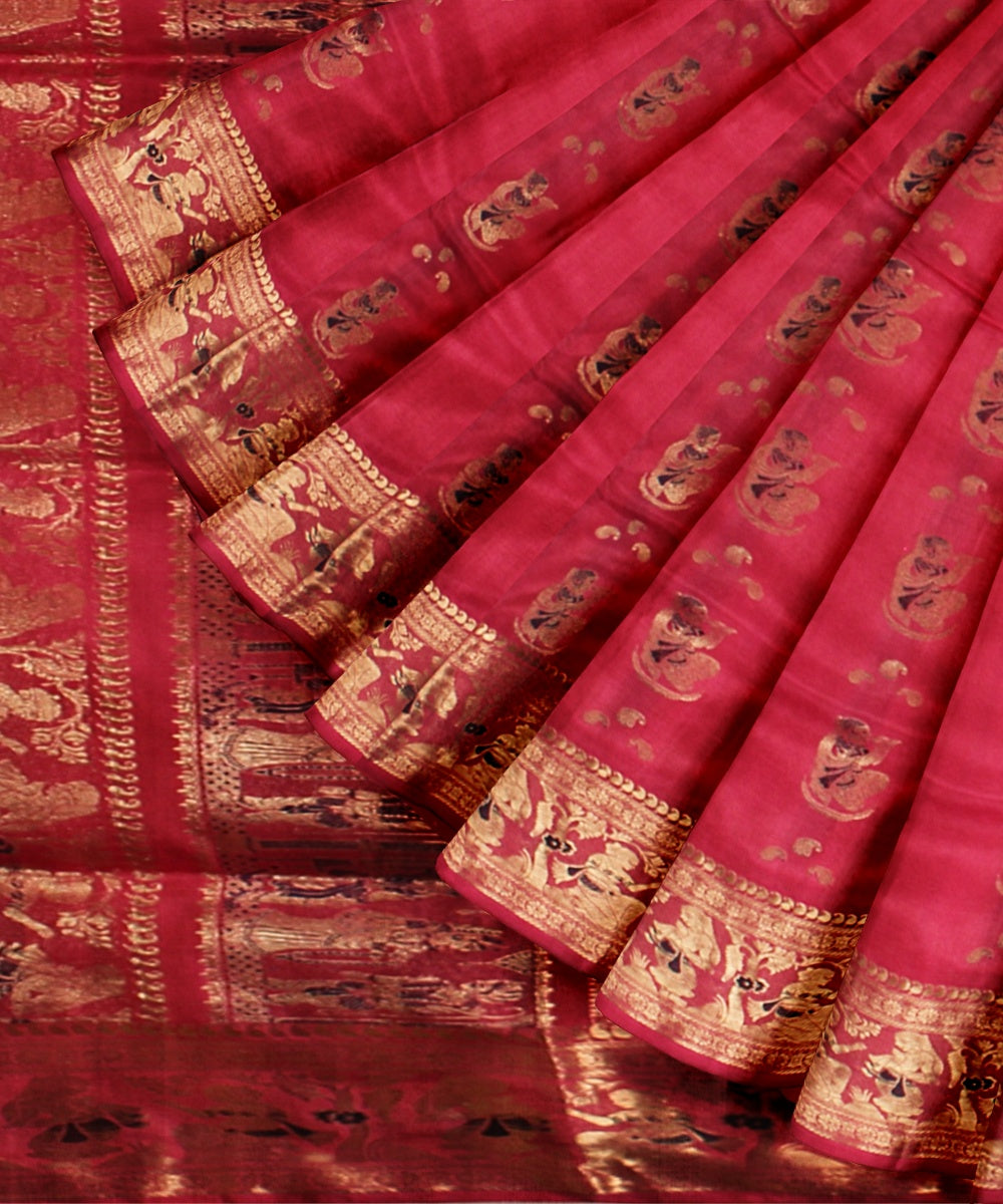 Pink golden zari handloom meenakari baluchari silk saree