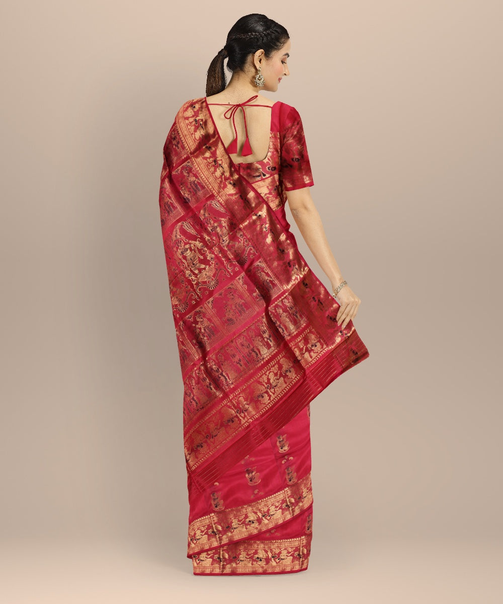 Pink golden zari handloom meenakari baluchari silk saree