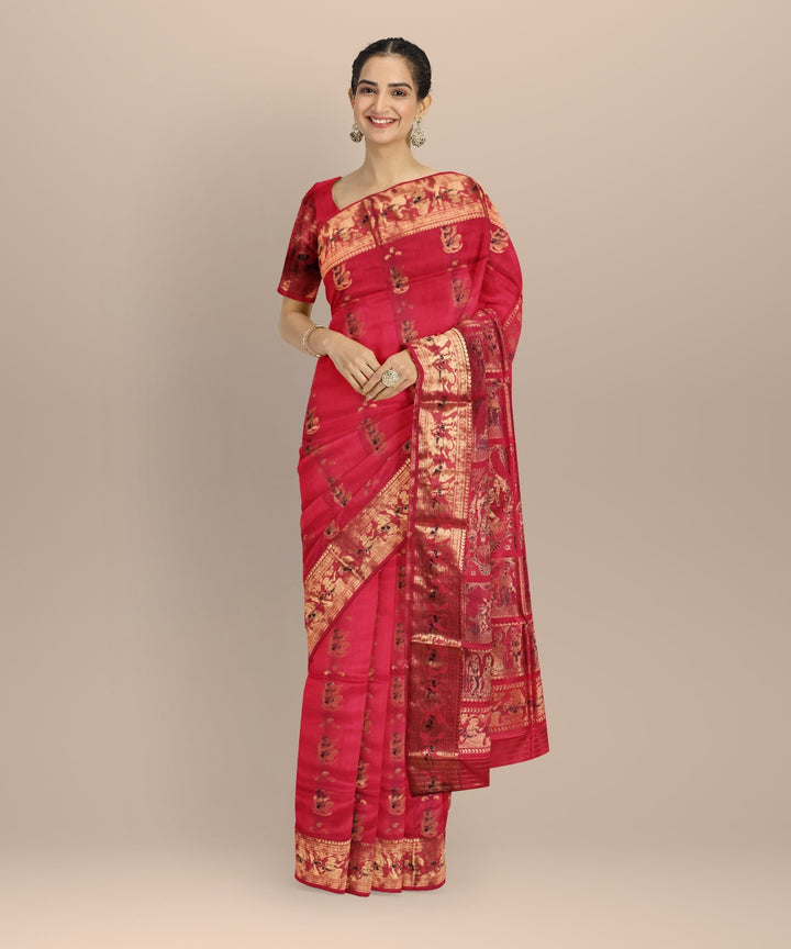 Pink golden zari handloom meenakari baluchari silk saree