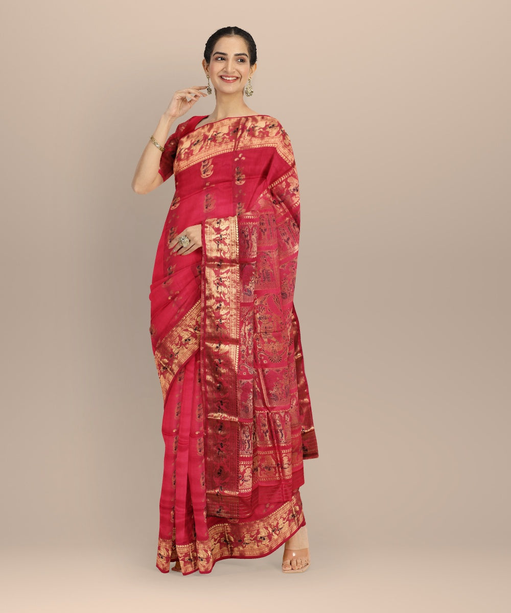 Pink golden zari handloom meenakari baluchari silk saree
