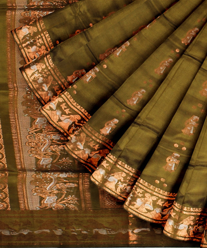 Green golden zari handloom meenakari baluchari silk saree