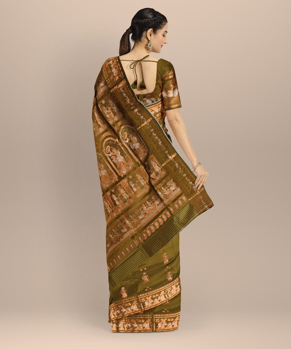 Green golden zari handloom meenakari baluchari silk saree