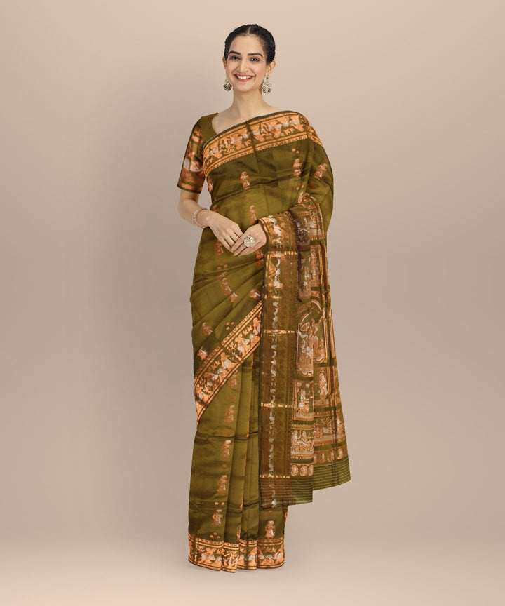 Green golden zari handloom meenakari baluchari silk saree