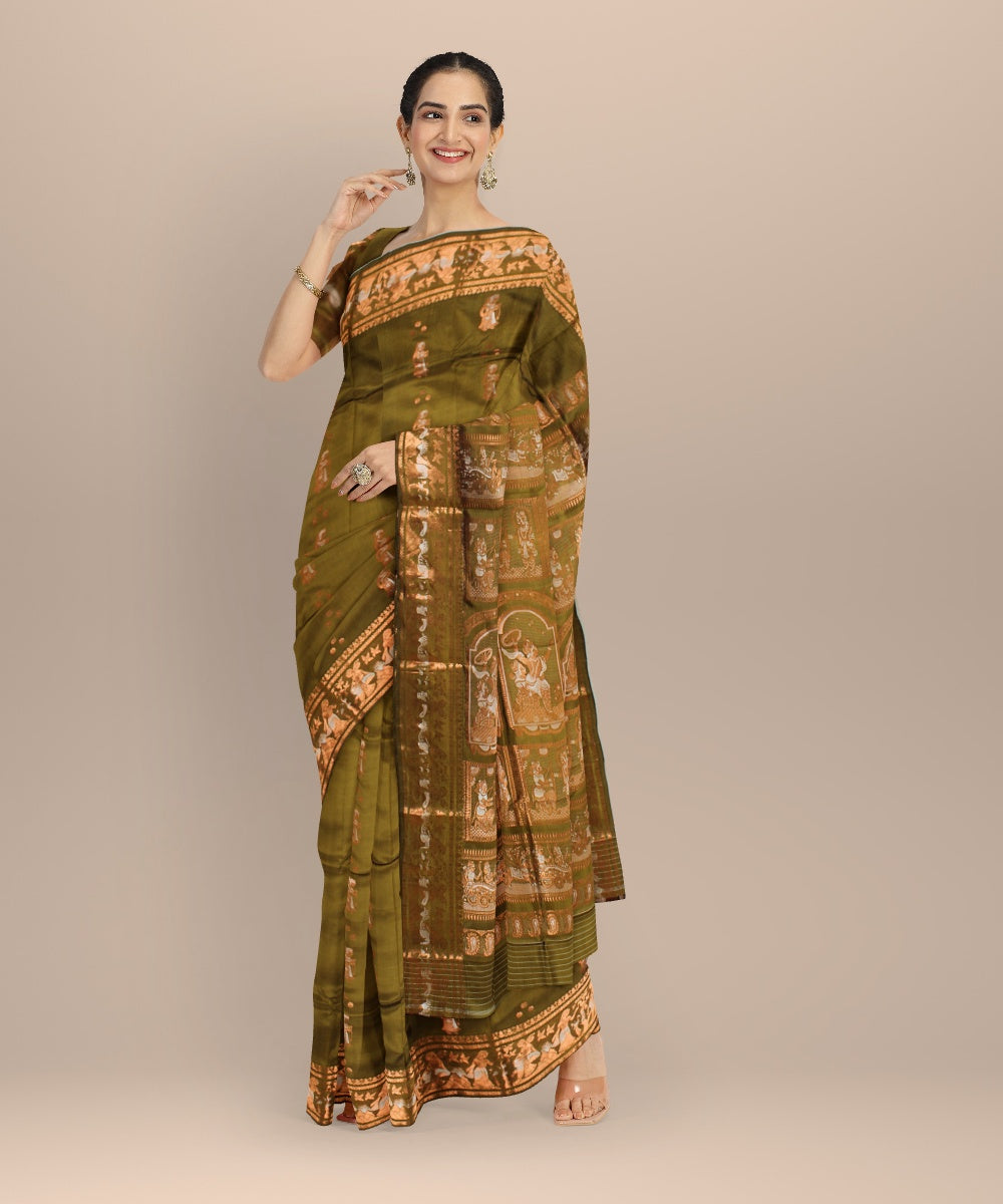 Green golden zari handloom meenakari baluchari silk saree