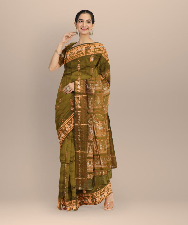 Green golden zari handloom meenakari baluchari silk saree