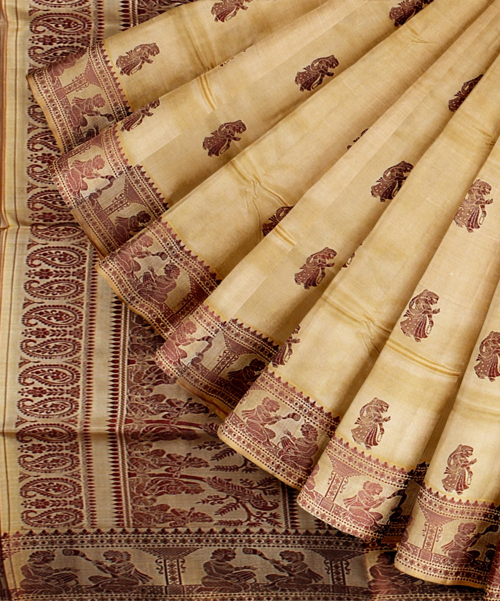 Cream brown handwoven meenakari baluchari silk saree