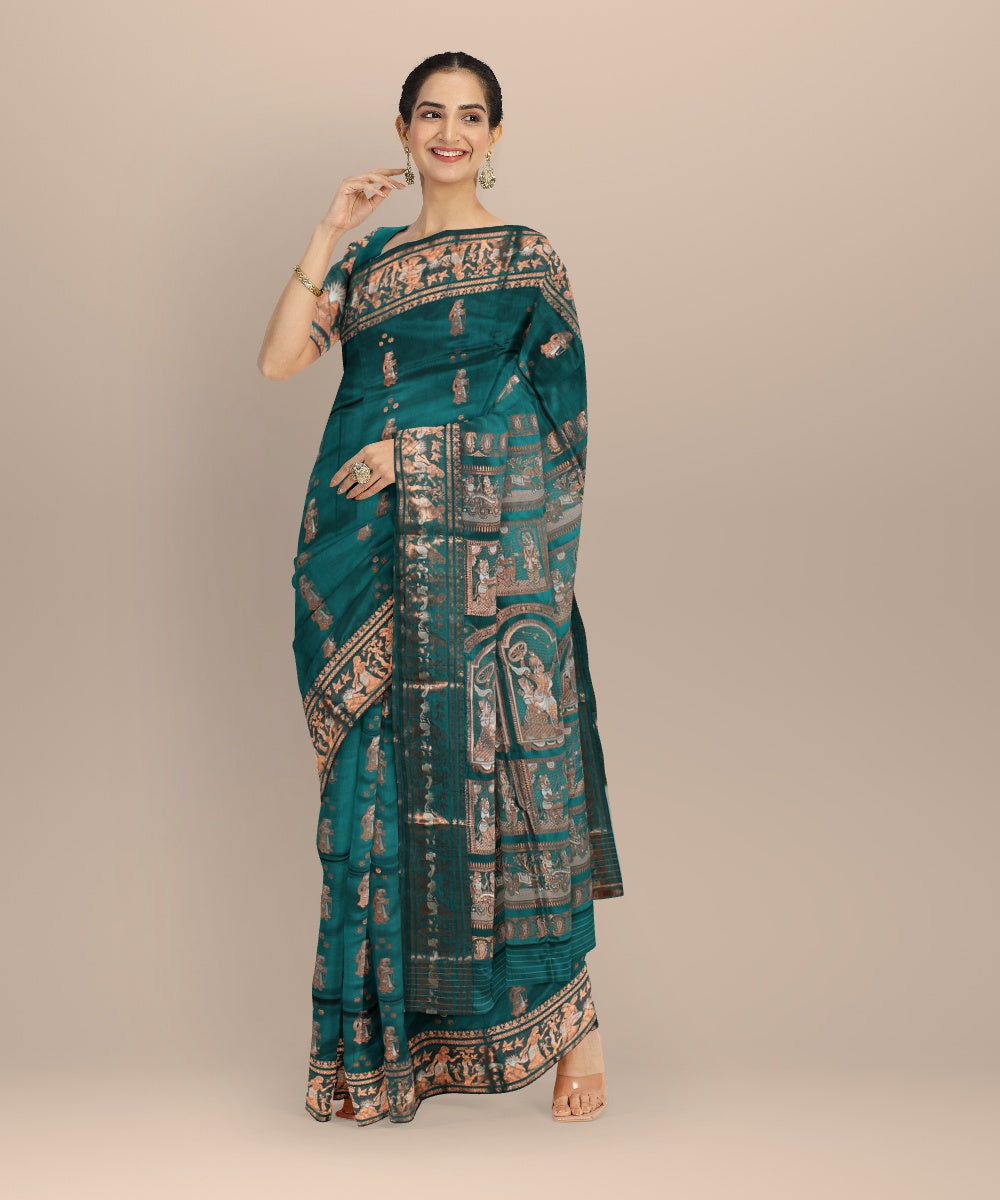 Dark green golden zari handwoven meenakari baluchari silk saree