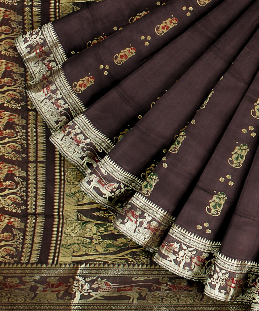 Brown golden zari handwoven meenakari baluchari silk saree