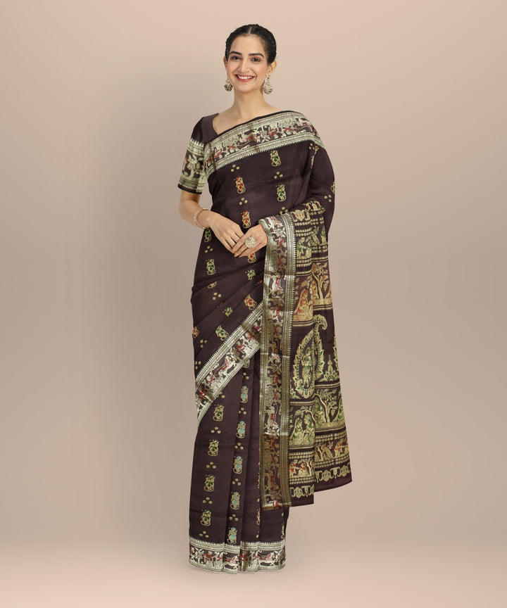 Brown golden zari handwoven meenakari baluchari silk saree