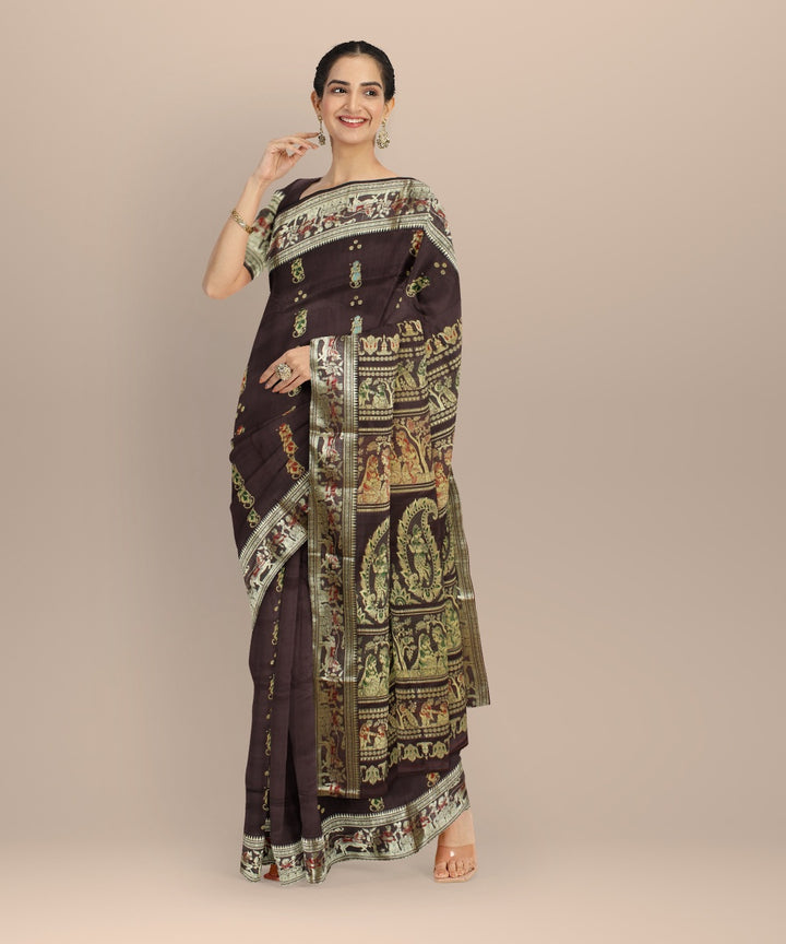 Brown golden zari handwoven meenakari baluchari silk saree